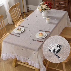 Minimalist Cat Embroidery Tablecloth Ruffle Edge Polyester Dustproof Rectangular Table Cover For Dining Desk Home Decoration