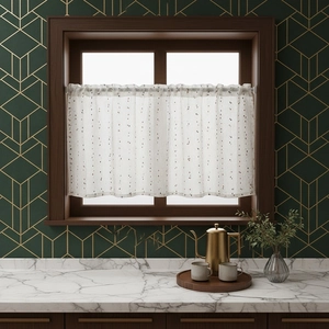 Vintage linen-style cafe curtain with colorful polka dots on a wooden window frame