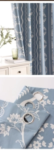 Detail of silver grommets and blue floral fabric on blackout curtains for bedroom