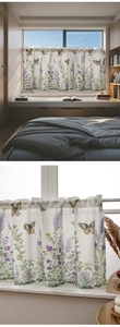 Detail of lavender and butterfly print on white translucent cafe curtain for windows