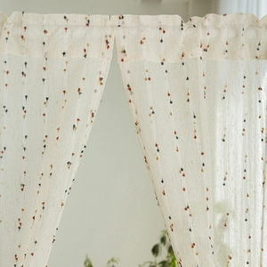 Boho style faux linen cafe curtain with colorful pom-poms and vertical stripes