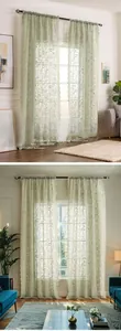 Détail du rideau en dentelle florale vert clair avec motif pastoral rétro évidé