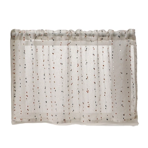 White semi-transparent cafe curtain with colorful embroidered dots and rod pocket design