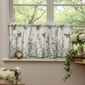 American pastoral style short cafe curtain with lavender and butterfly floral print