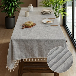 New Chinese Style Slub Texture Linen Look Tablecloth With Tassel Edge Thickened Rectangular Table Cover For Dining Room Coffee Table