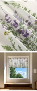 Detail of rod pocket cafe curtain with lavender floral and butterfly print pattern