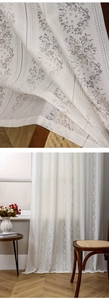 Close-up of white lace curtain featuring delicate floral patterns and mesh texture