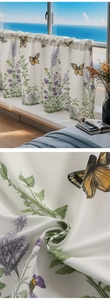 Detail of lavender and butterfly print on textured semi-sheer cafe curtain fabric