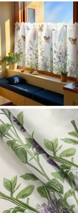 Macro detail of lavender flower and butterfly digital print on rustic semi-sheer cafe curtain