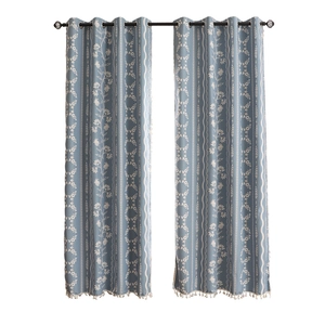 Morandi blue blackout curtains with floral patterns and white fringe for bedroom