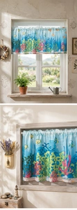 Detailed close-up of blue ocean-themed cafe curtain with tropical fish and coral print