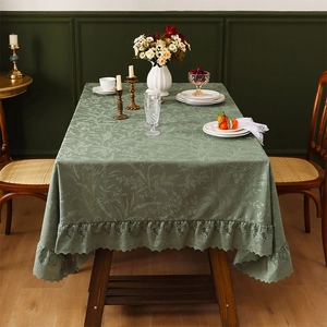 French vintage green thickened lace tablecloth with plant patterns and ruffled edges