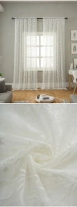 Détail du rideau en dentelle blanche avec motifs floraux et texture de maille tissée