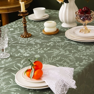 French vintage thick dark green lace tablecloth with white fern pattern and ruffle edges