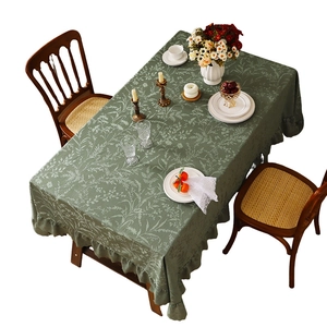 French vintage dark green floral lace tablecloth with ruffled edges for dining tables