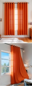 Vertical striped bright orange sheer curtains with silver metal grommets for home decor