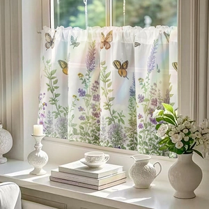American pastoral cafe curtain with lavender and butterfly prints for small windows