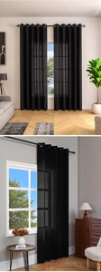 Detailed macro view of black vertical stripe sheer curtains with silver metal grommet rings