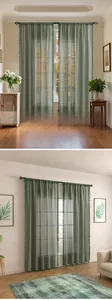 Detail of dark green lace curtain featuring hollow crochet patterns and side tassel fringe