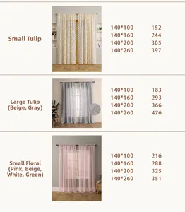 Size chart for Bohemian lace curtains showing tulip and floral patterns with dimensions