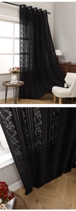 Close-up of black lace hollow curtain fabric with floral pattern and metal eyelets
