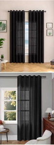 Close-up of black vertical stripe textured blackout curtain with metallic grommet top