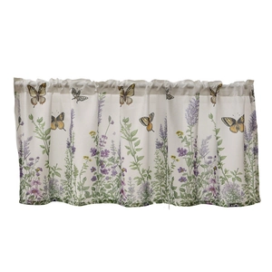 Country style white cafe curtain with lavender floral and butterfly print ruffles