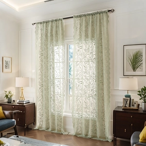 Rideaux Transparents Vert Matcha Style Américain Polyester Passant de Tringle Bord Festonné Dentelle Voilage Botanique Salon