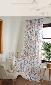 Detail showing lavender and butterfly print on rustic floral curtains with soft drape
