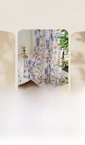 Detailed view of floral butterfly print on pastoral style semi-blackout curtains