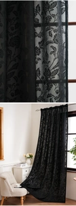 Close-up of black floral lace curtain showing intricate hollowed leaf patterns and texture