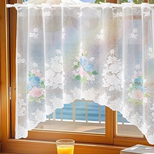 Floral lace cafe curtain with rose embroidery and wavy edges for kitchen windows