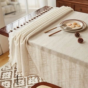 Japanese Style Linen Tablecloth With Tassels Striped Embroidered Waterproof Rectangular Table Cloth For Kitchen Dining Home Decor