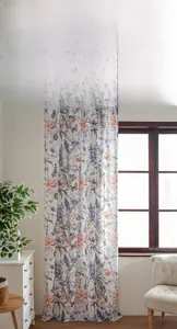 Detailed macro view of American style floral curtains with butterfly and peony prints