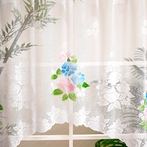 Rustic floral lace cafe curtain with colorful flower embroidery and wavy scalloped edge