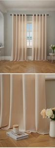 Detailed close-up of champagne waffle texture curtain with vertical hollow stripes and rings