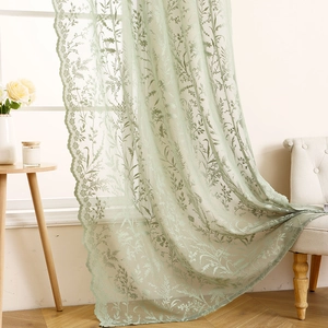 Voilage vert matcha avec broderie florale et bordure en dentelle pour salon élégant