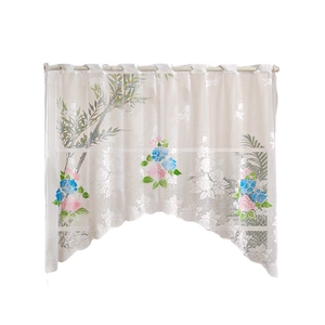 Floral embroidered white lace kitchen cafe curtain with wave hem and rod pocket design