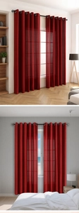 Close-up of red vertical stripe sheer curtain fabric texture and grommet detail for bedroom