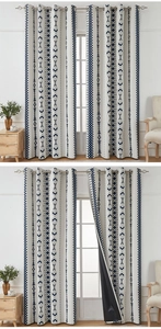 Detail showing the dark blackout coating backing on geometric pattern curtains