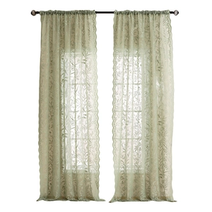 Rideau en dentelle vert matcha avec motifs floraux et bordure festonnée pour la chambre