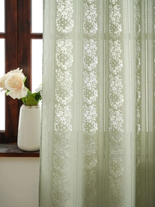 Detail of light green lace curtain with hollow floral embroidery and vintage pattern