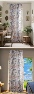 Detail of floral butterfly print curtain with lavender and peony patterns on semi-blackout fabric