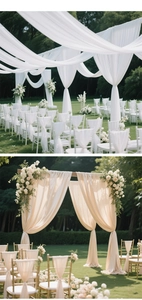 Details von weißen und champagnerfarbenen Chiffon-Hochzeitsdrapierungen mit feiner Textur