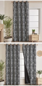 Detail of blackout curtain lining showing thick black coating and floral pattern