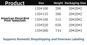 Size chart table showing dimensions and weights for floral linen tablecloths