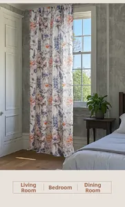 Detail showing pastoral butterfly floral print curtains on semi-blackout fabric