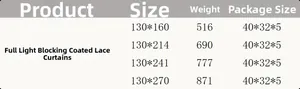 Detailed size chart for white blackout lace curtains showing dimensions and weight info