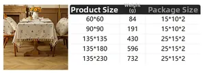 Size chart for floral embroidered tablecloth showing dimensions and weights for home decor