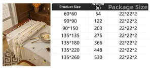 Size guide for embroidered lemon tablecloth with fringe detail and dimensions chart